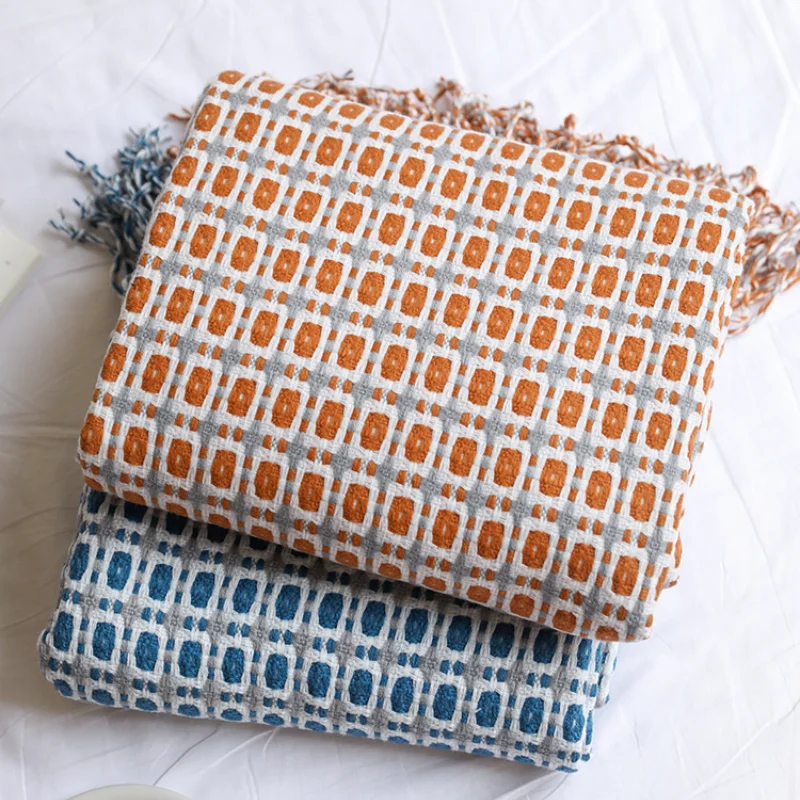 Boho Throw Blanket Fringe - Selimut Rajut Jacquard Motif Geometris, Selimut