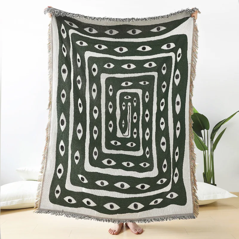 Boho Throw Blanket Fringe - Selimut Jacquard Hijau Putih Motif Mata